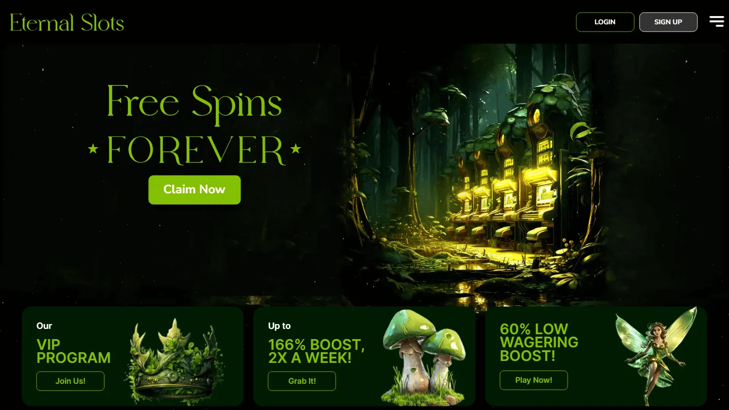 Eternal Slots Casino desktop games selection with digital casino categories and titles